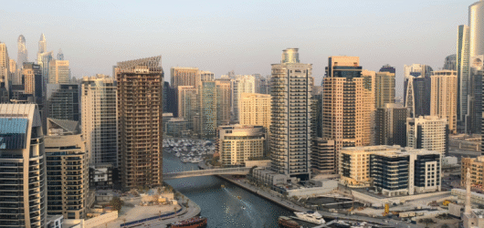 Aerial view of Dubai Marina roads and skyline