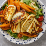 Grilled Halloumi with Roasted Sweet Potatoes, Couscous & Fresh Coriander Salad